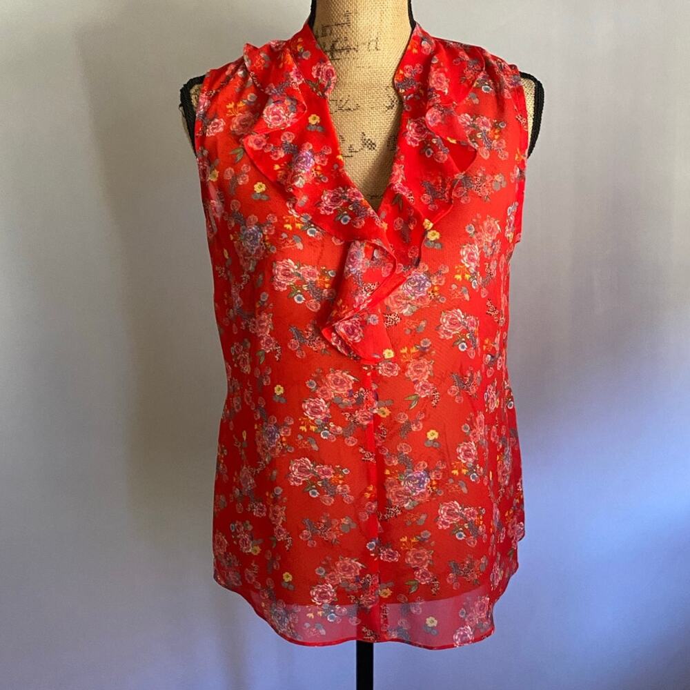 cAbi Crush Floral Ruffle Sleeveless Blouse Red Sheer Top Size S - Picture 5 of 17